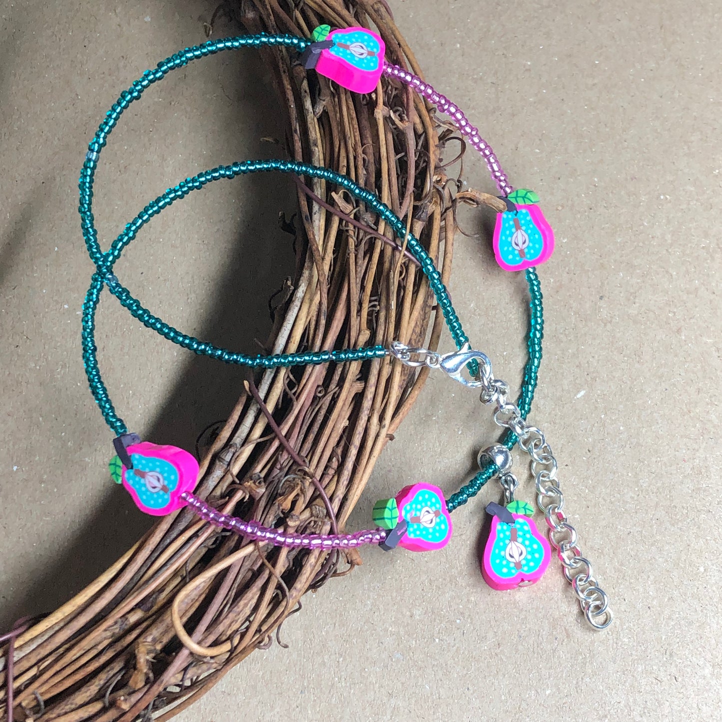Kawaii - Cute pear necklace made with pink and teal beads