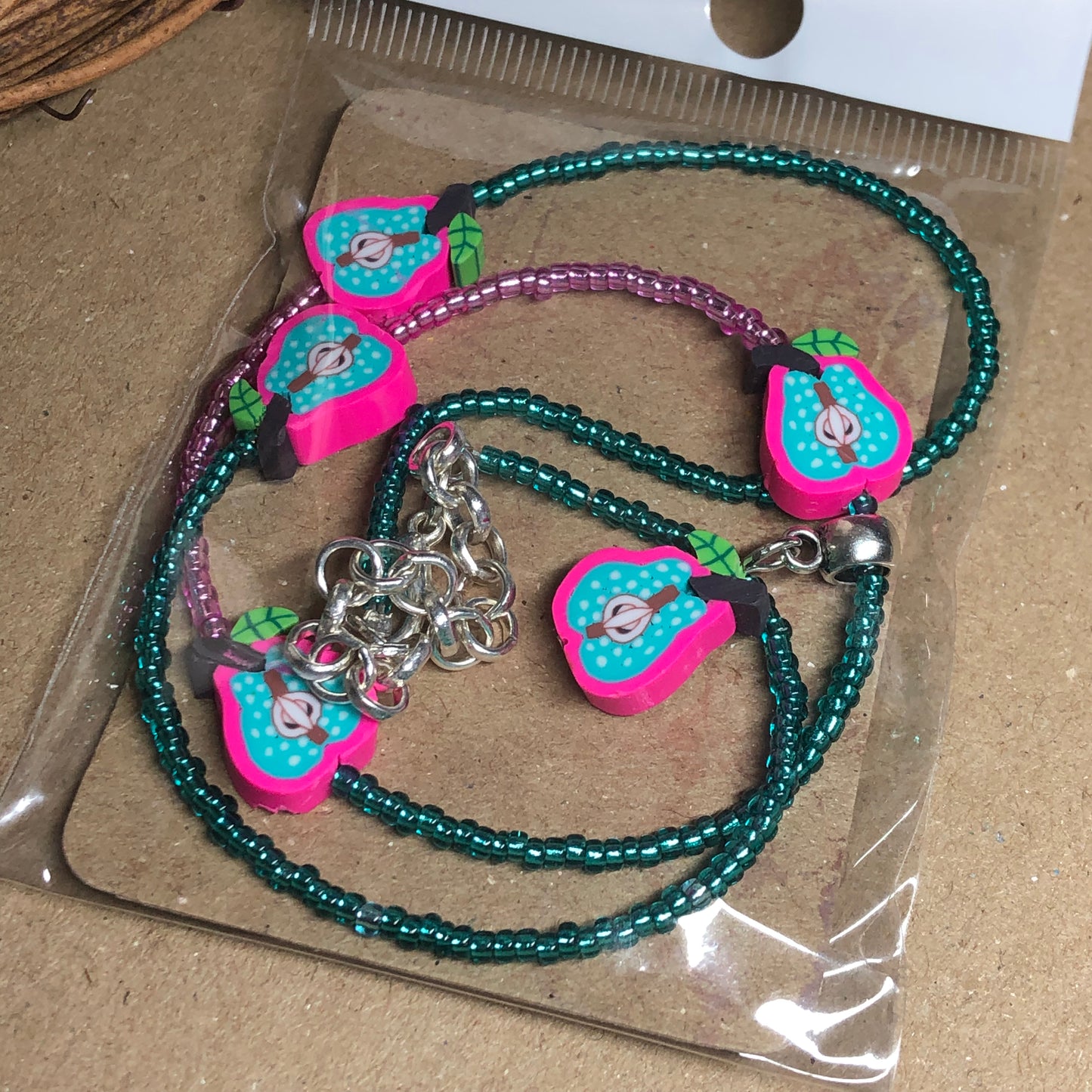 Kawaii - Cute pear necklace made with pink and teal beads