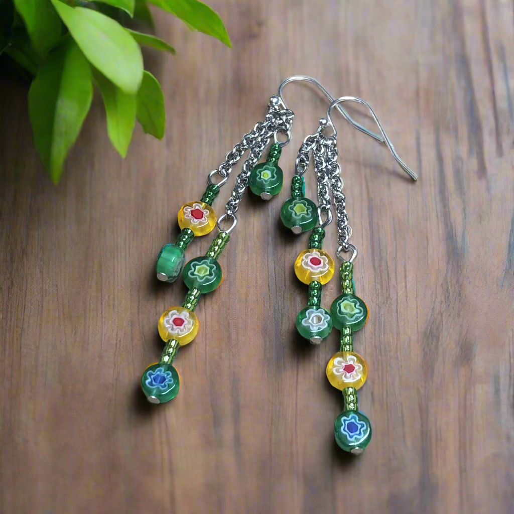 Ambrosia - Green and Yellow Millefiori glass earrings