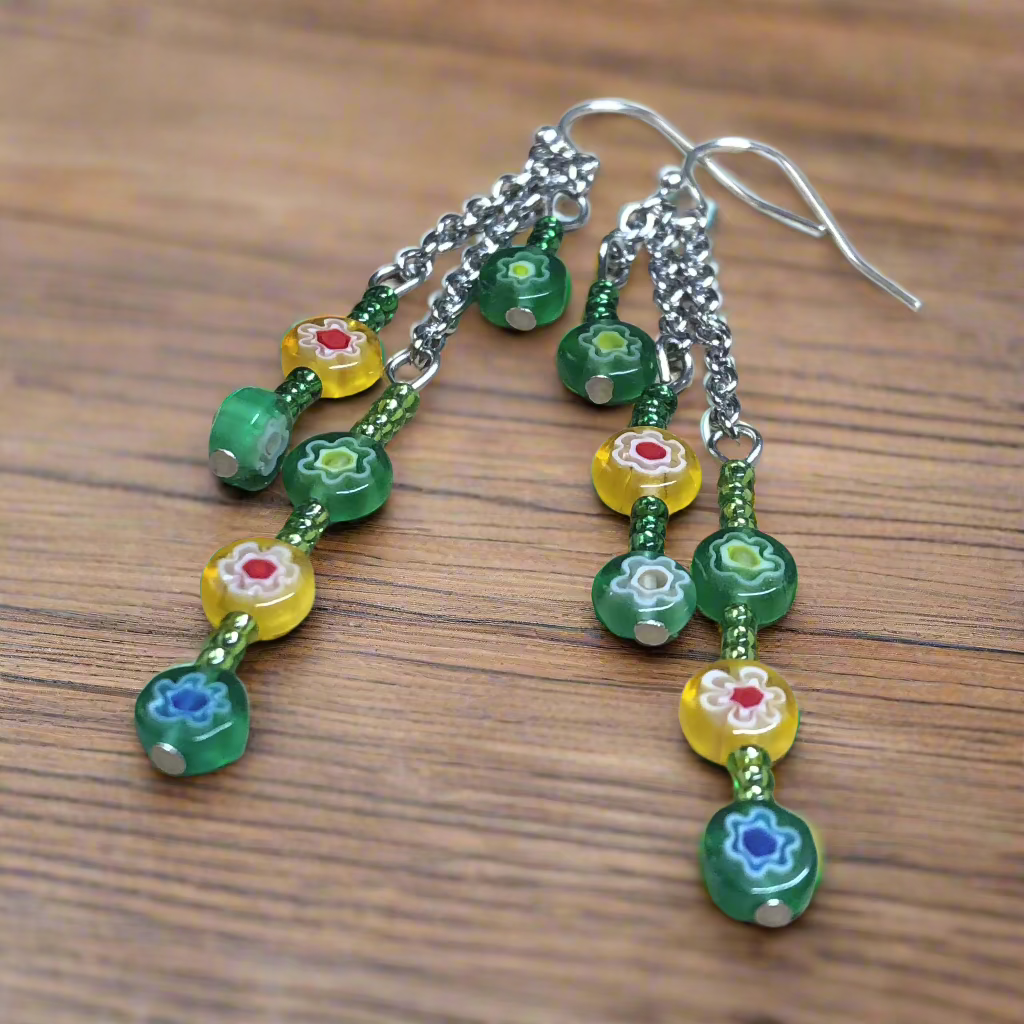 Ambrosia - Green and Yellow Millefiori glass earrings