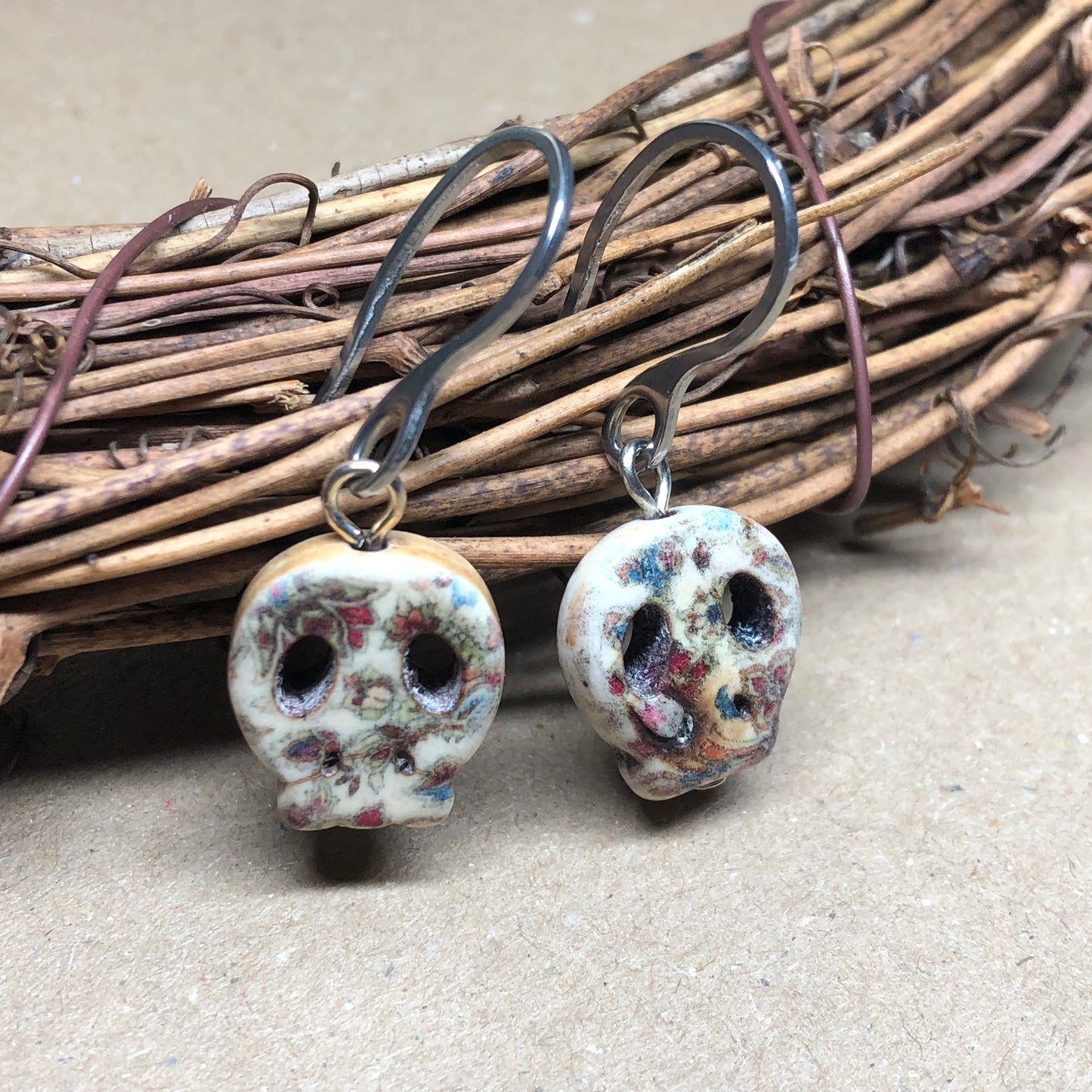 Charis - Printed floral skull Howlite earrings