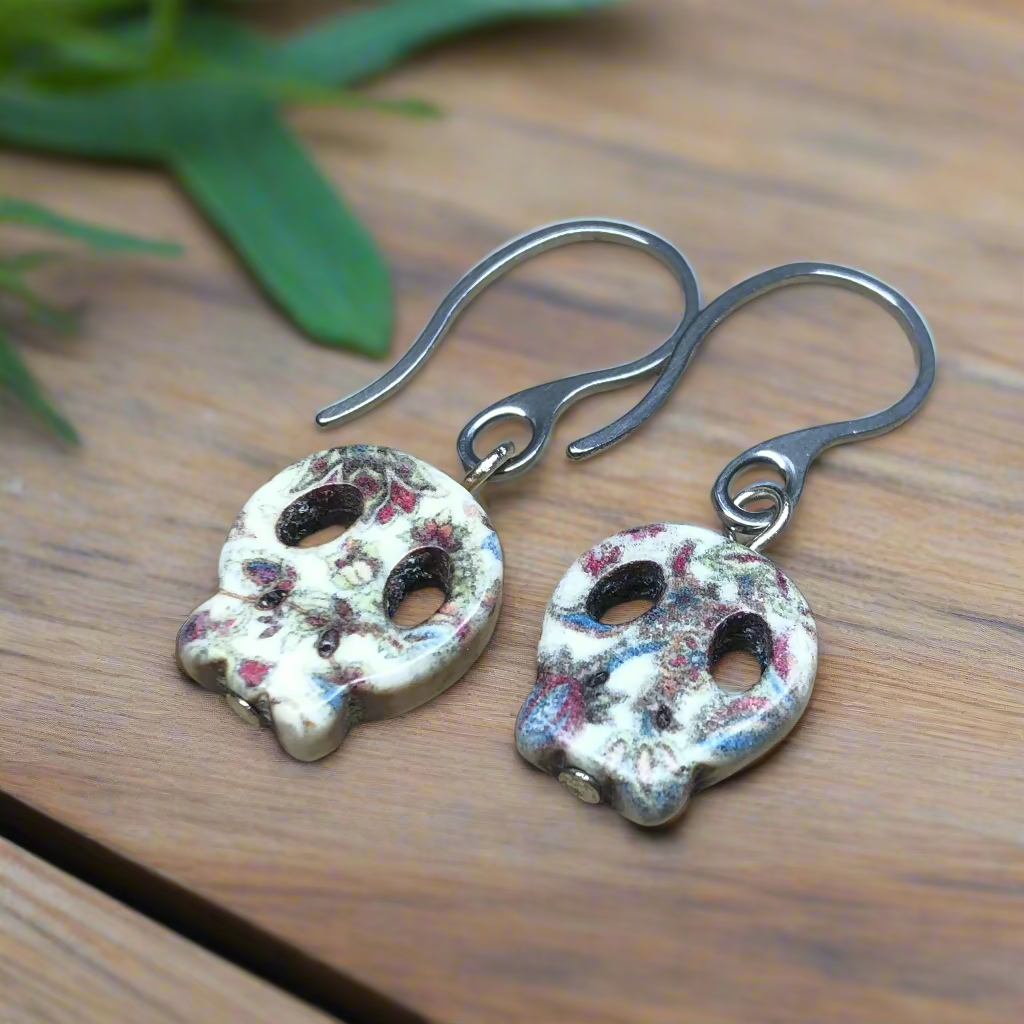 Charis - Printed floral skull Howlite earrings