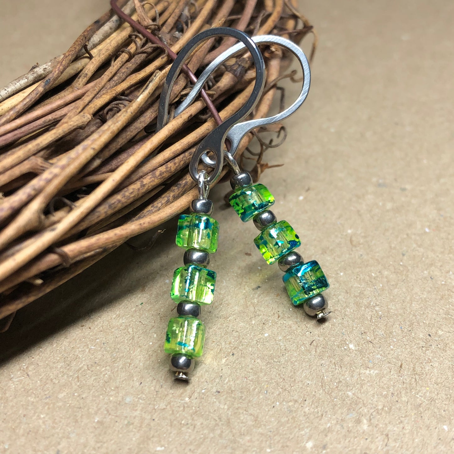 Belinda - Steel lime green glass cube earrings