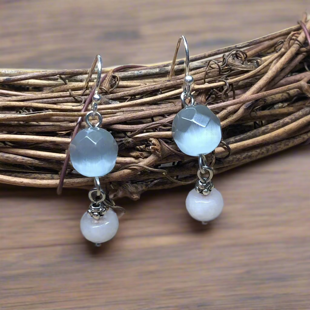 Delia - Rose Quartz and shimmer grey earrings