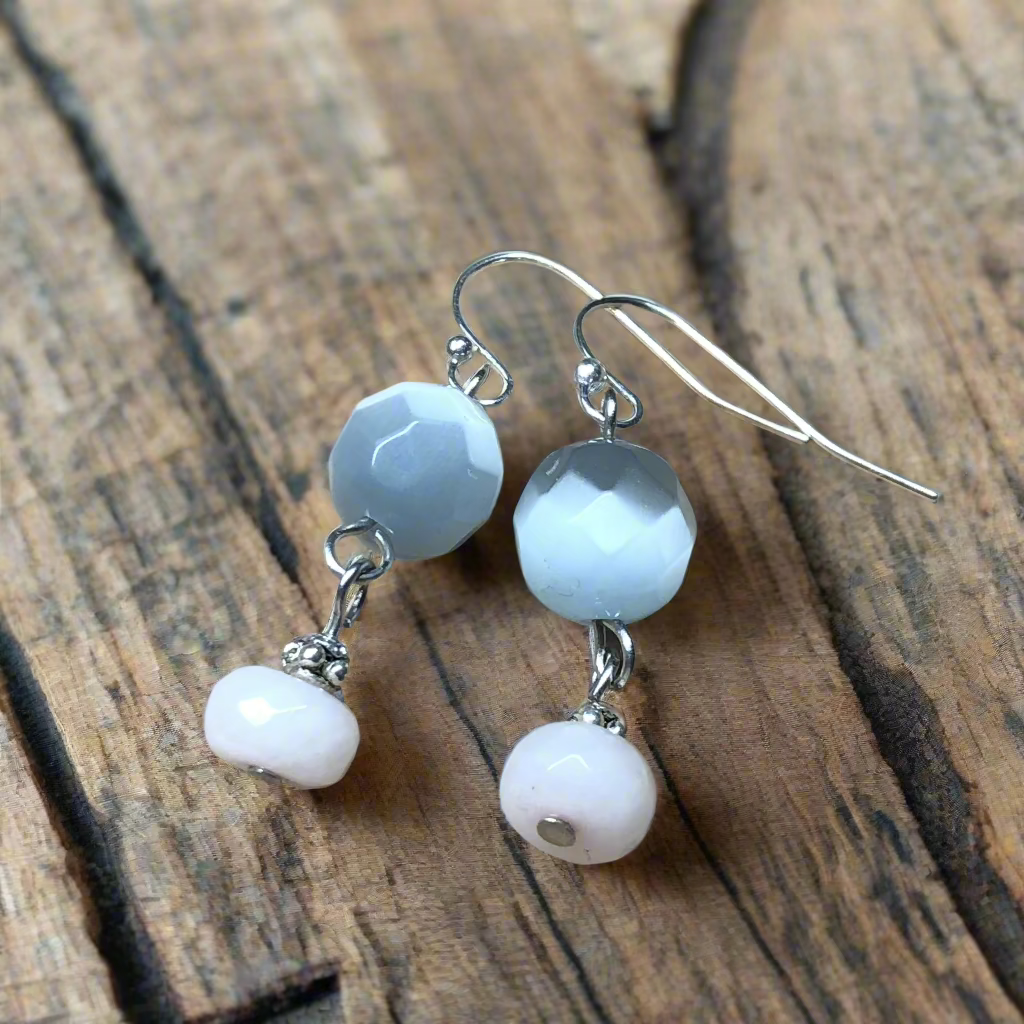 Delia - Rose Quartz and shimmer grey earrings