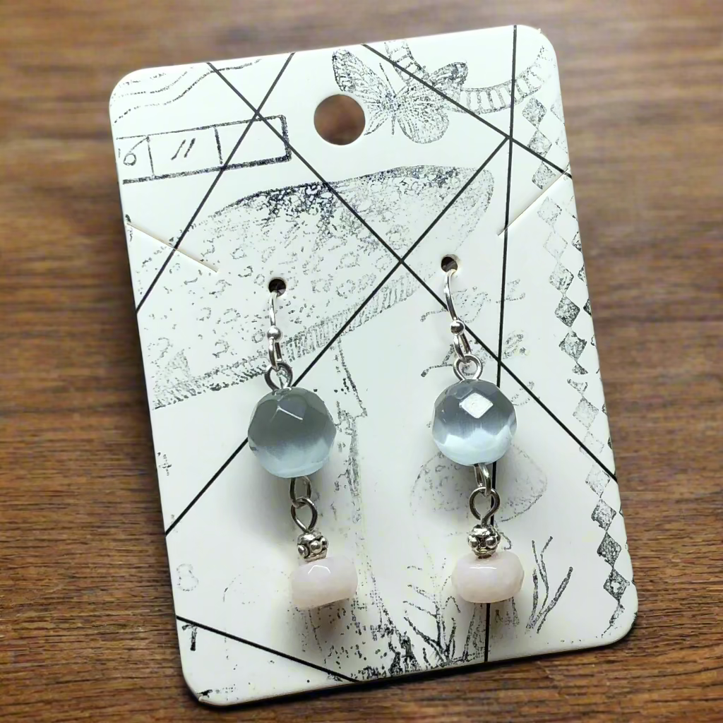 Delia - Rose Quartz and shimmer grey earrings