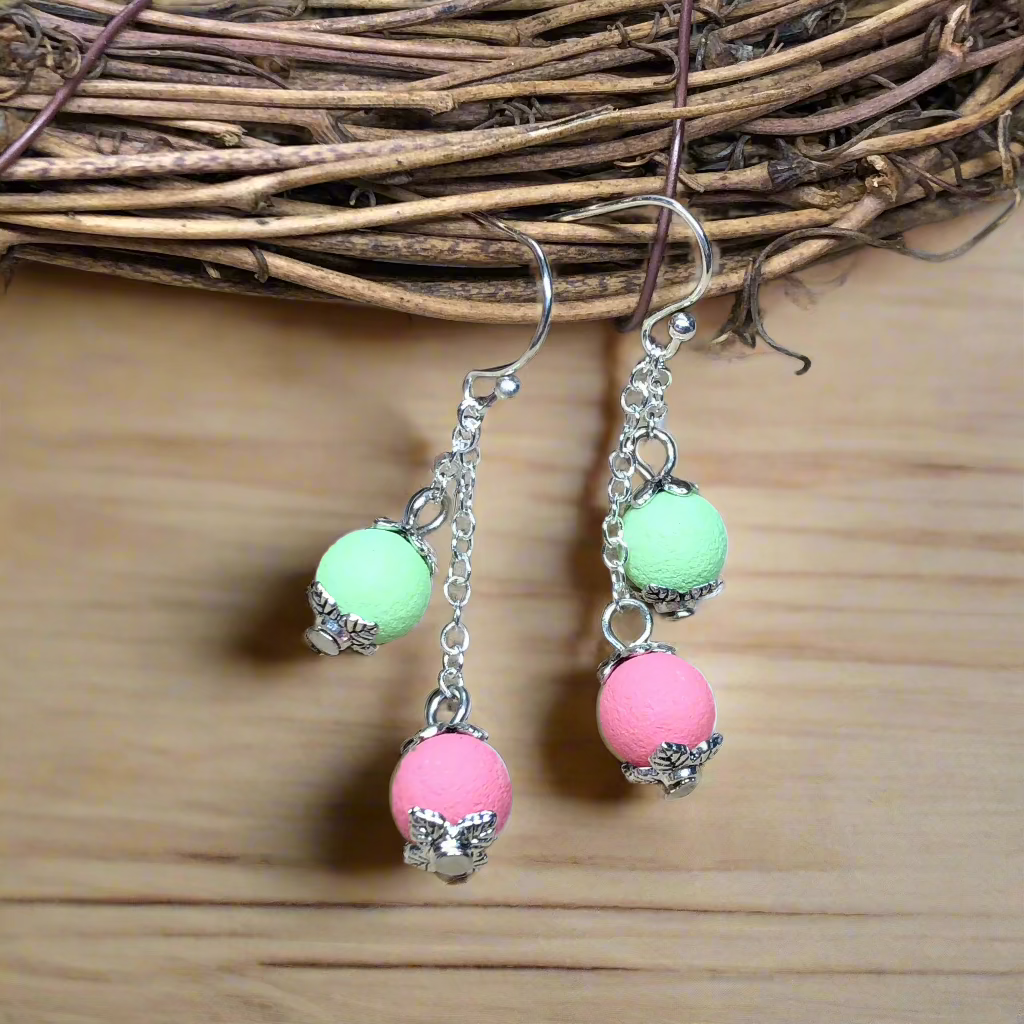 Apple - Pink and green lava stone dangle earrings
