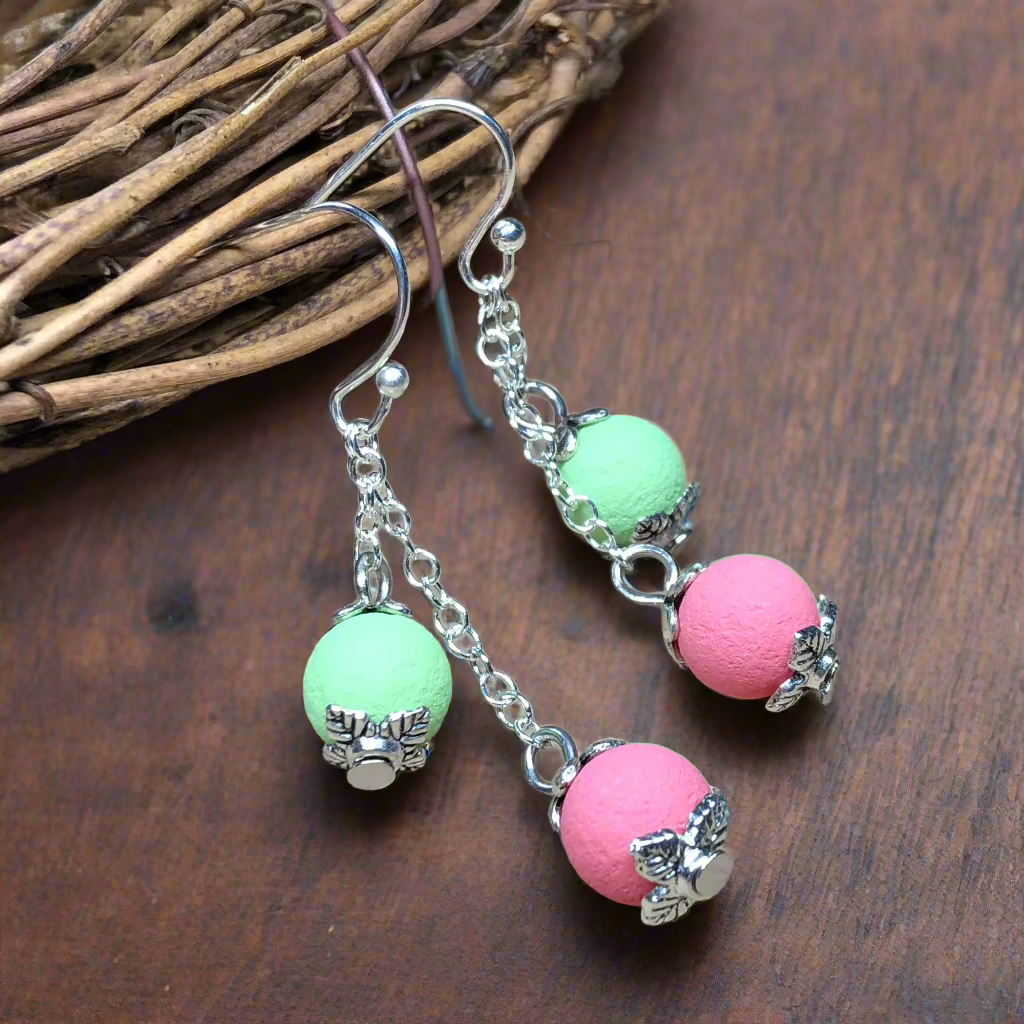 Apple - Pink and green lava stone dangle earrings