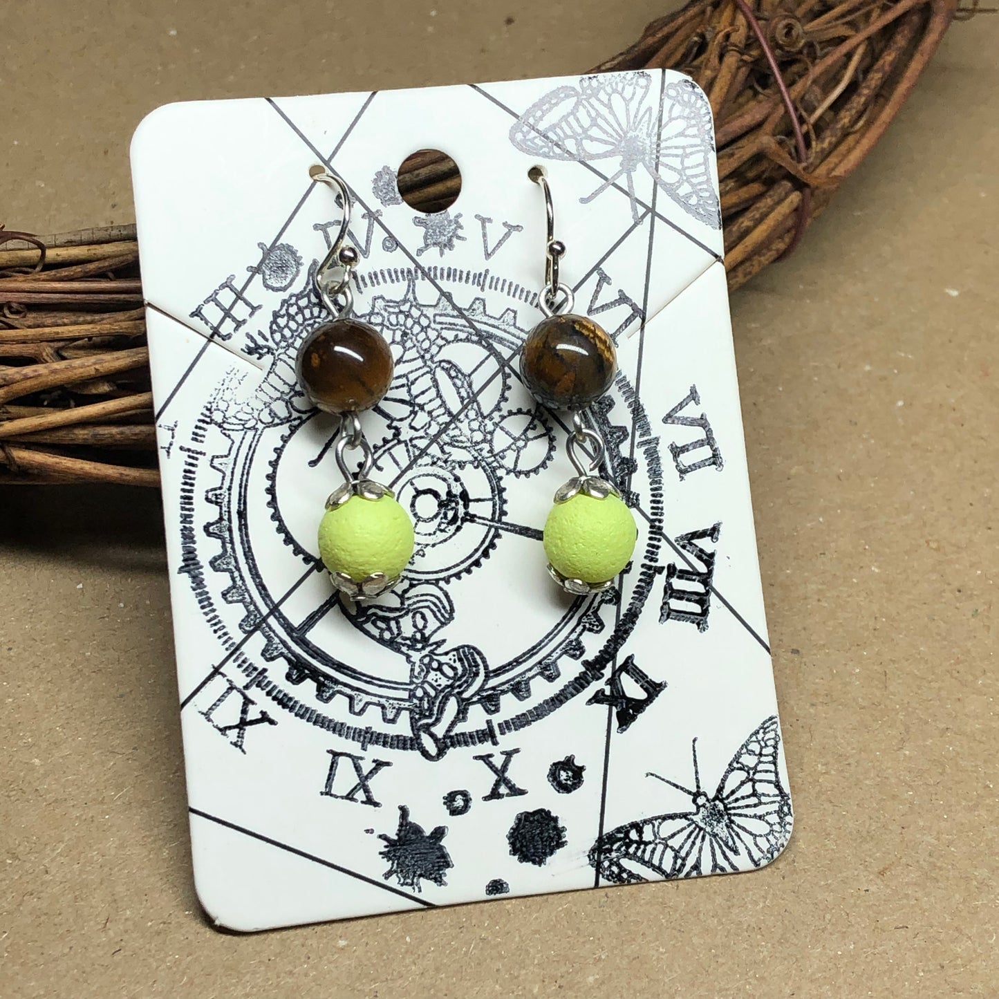 Lethe - Yellow lava stone Tigers Eye earrings