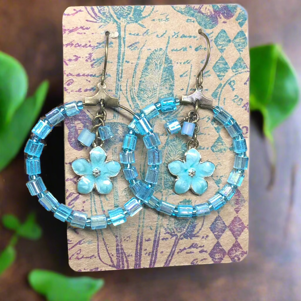 Tisiphone - Blue hoop flower charm earrings