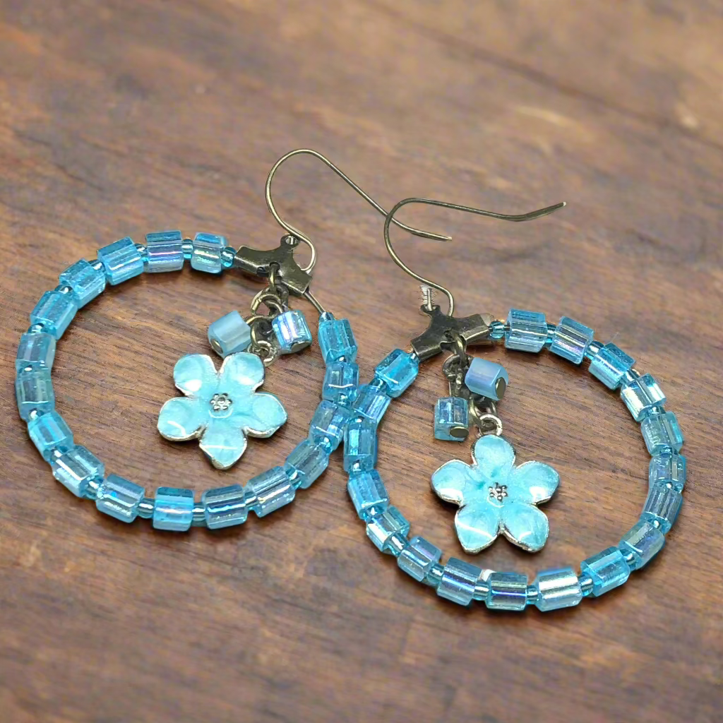 Tisiphone - Blue hoop flower charm earrings