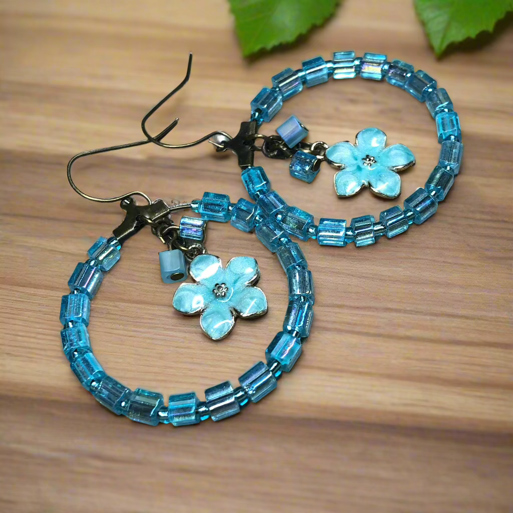 Tisiphone - Blue hoop flower charm earrings