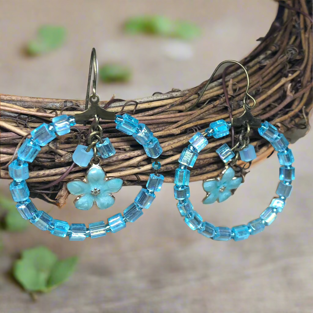 Tisiphone - Blue hoop flower charm earrings