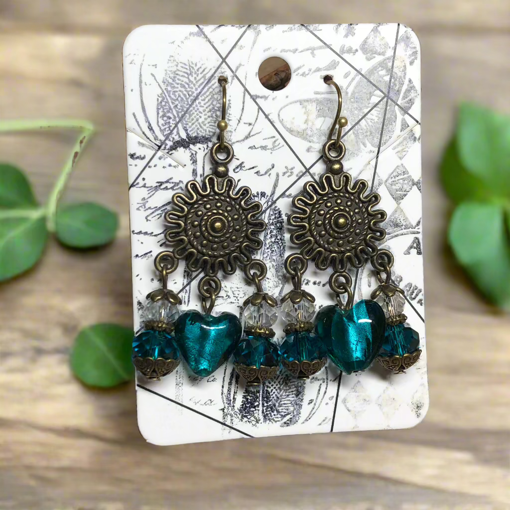 Neith - Teal Murano heart and crystal earrings