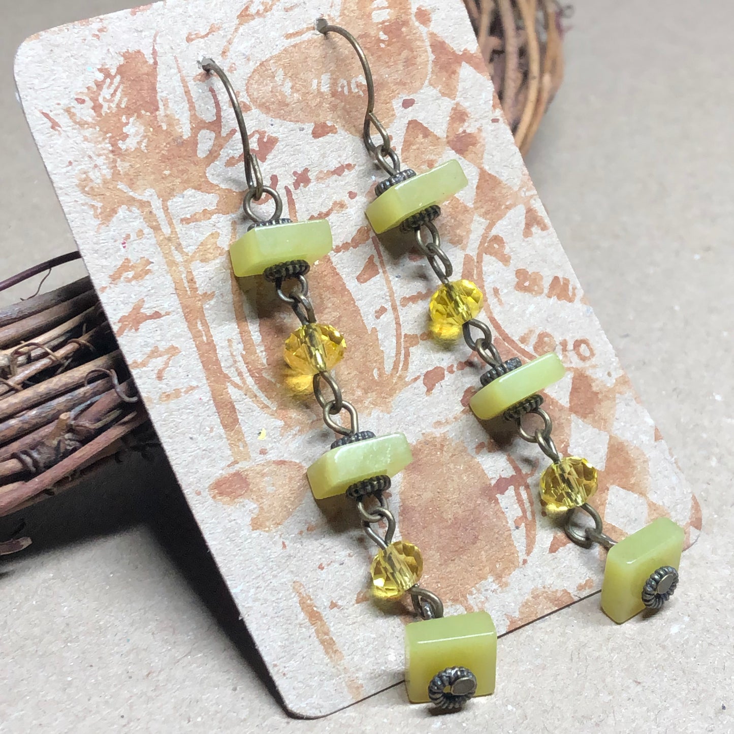 Patience - Yellow Jade square crystal earrings