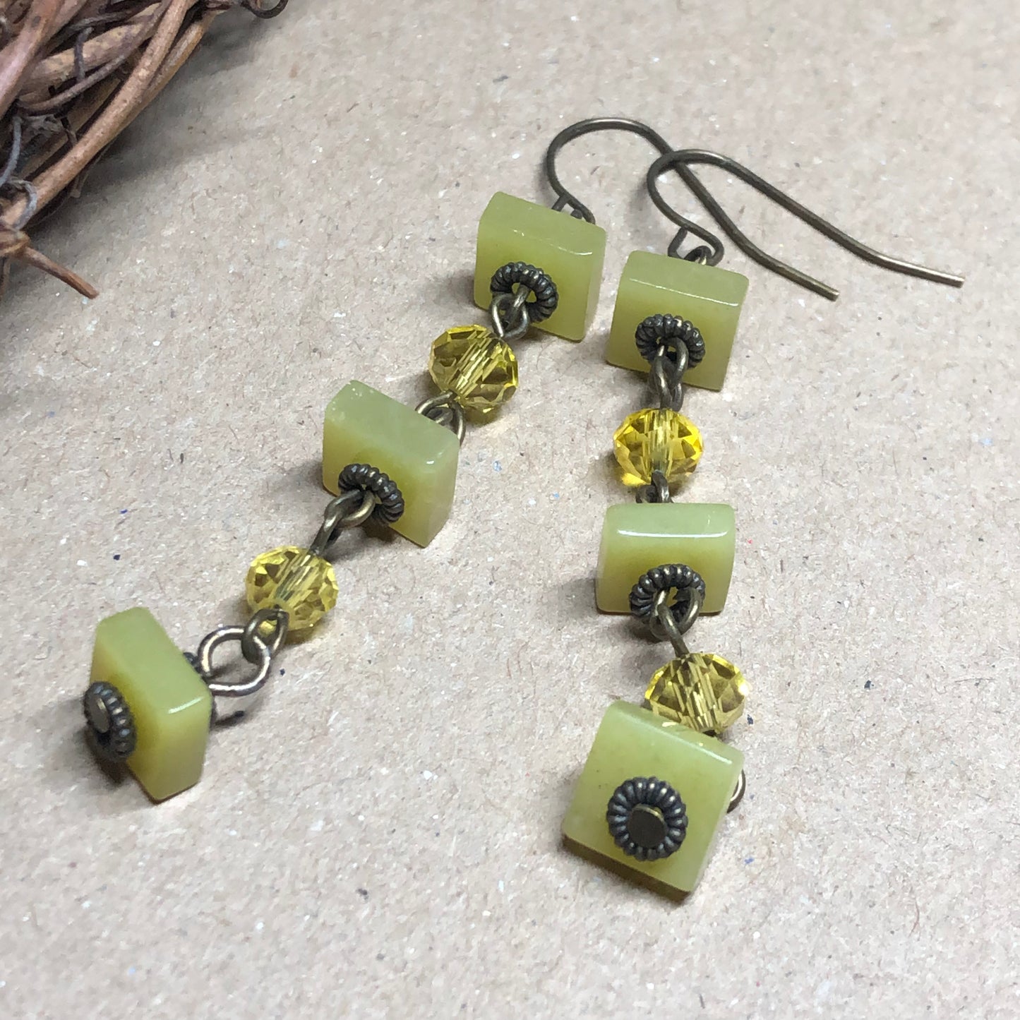 Patience - Yellow Jade square crystal earrings