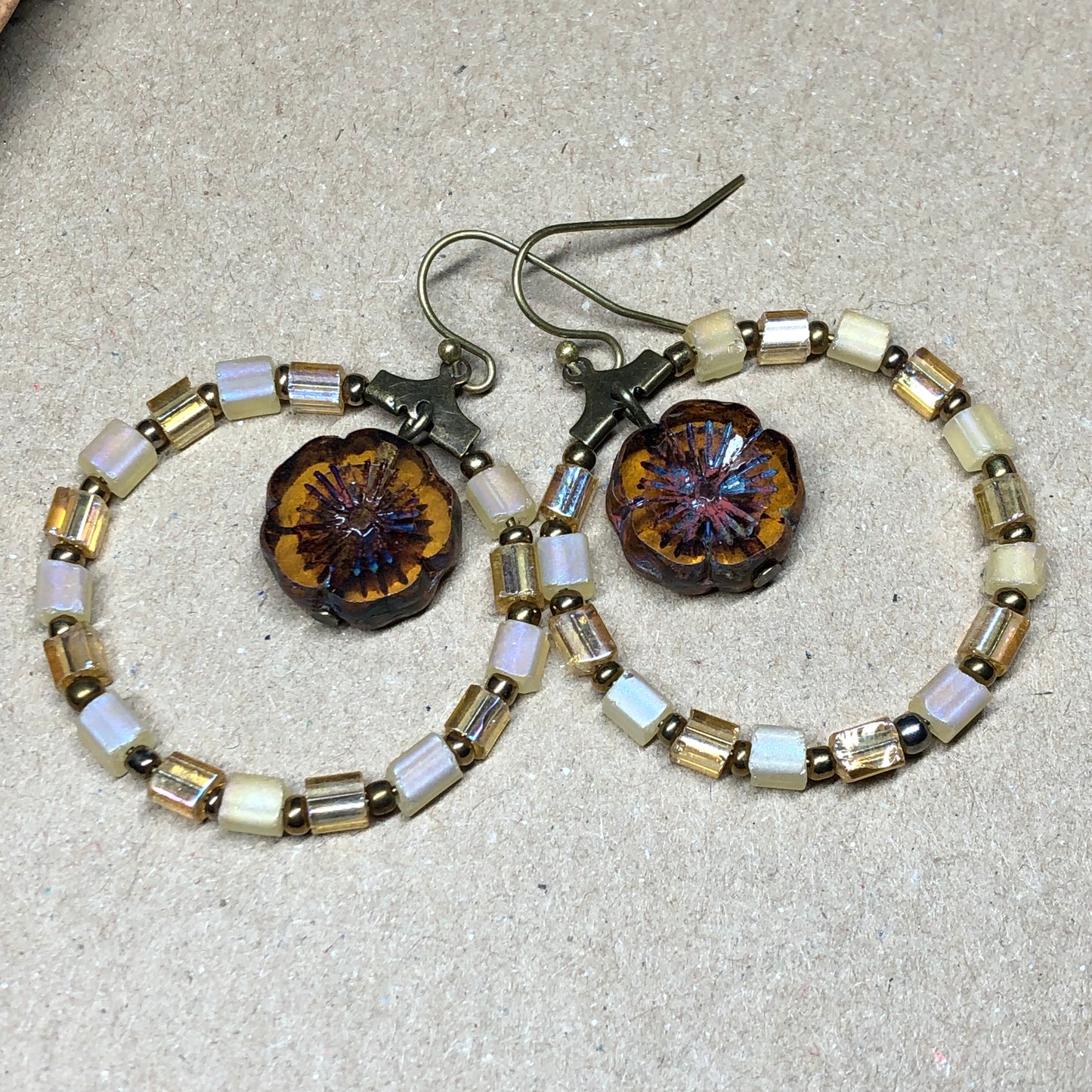 Jasmine - Yellow glass hoop earrings with Amber Czech glass flowers