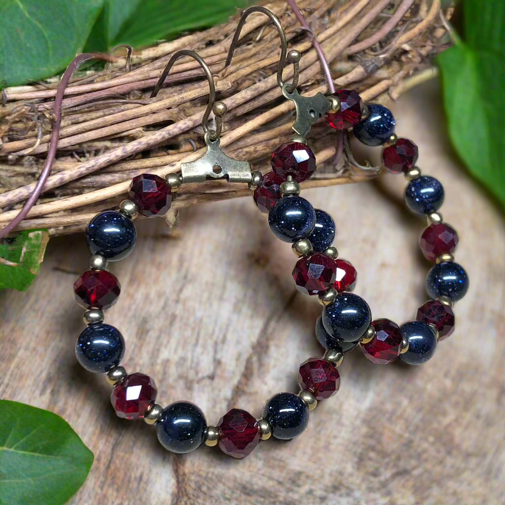 Suzanne - Goldstone and red crystal hoop earrings