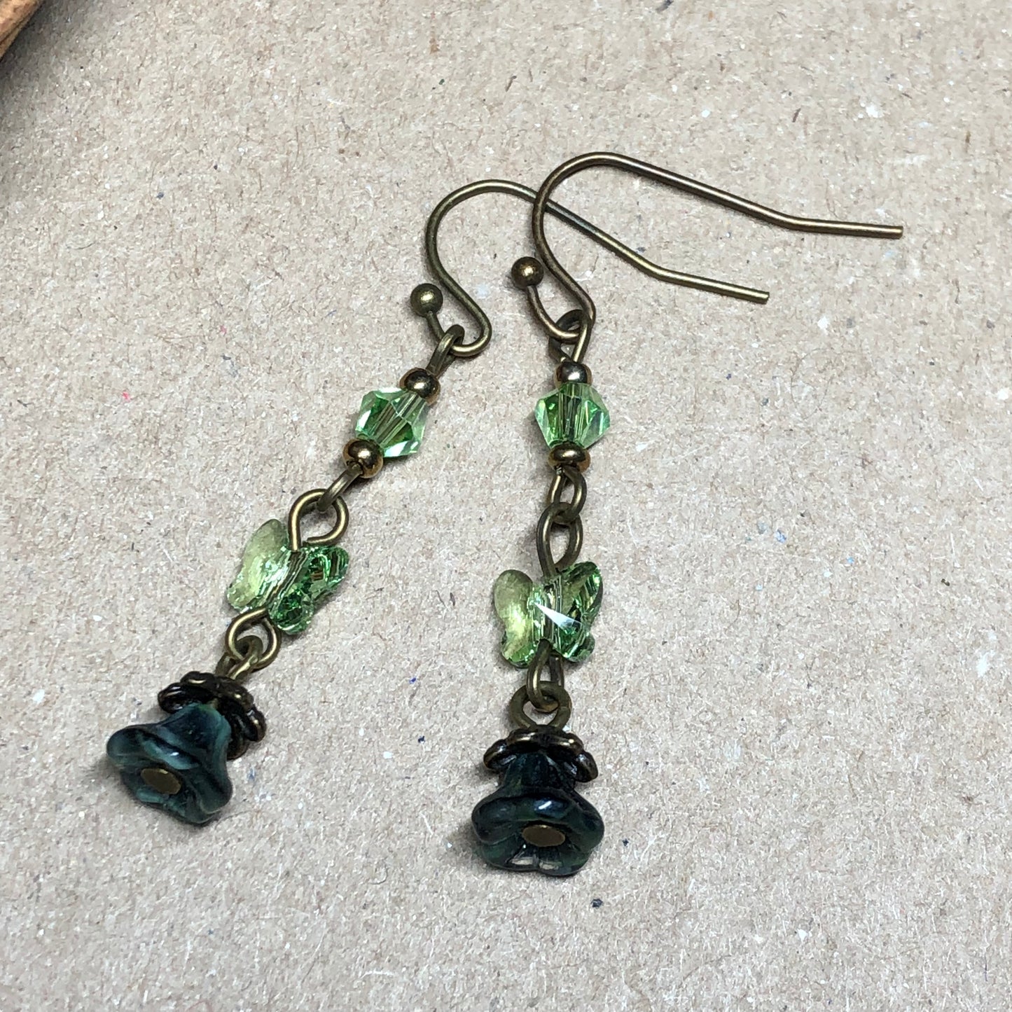 Aria - Crystal butterfly and Czech glass flower earrings