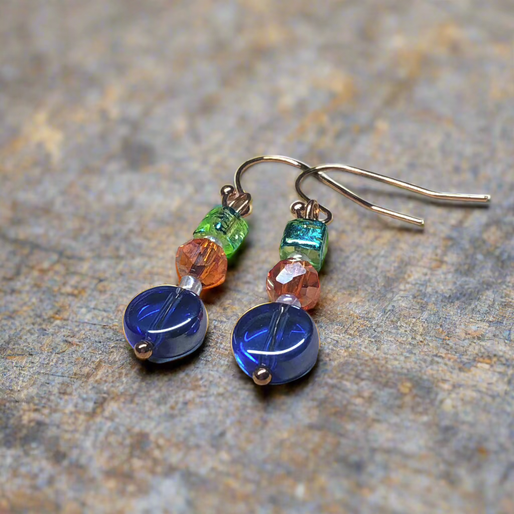 Gaia - Colourful glass dangle rose gold earrings
