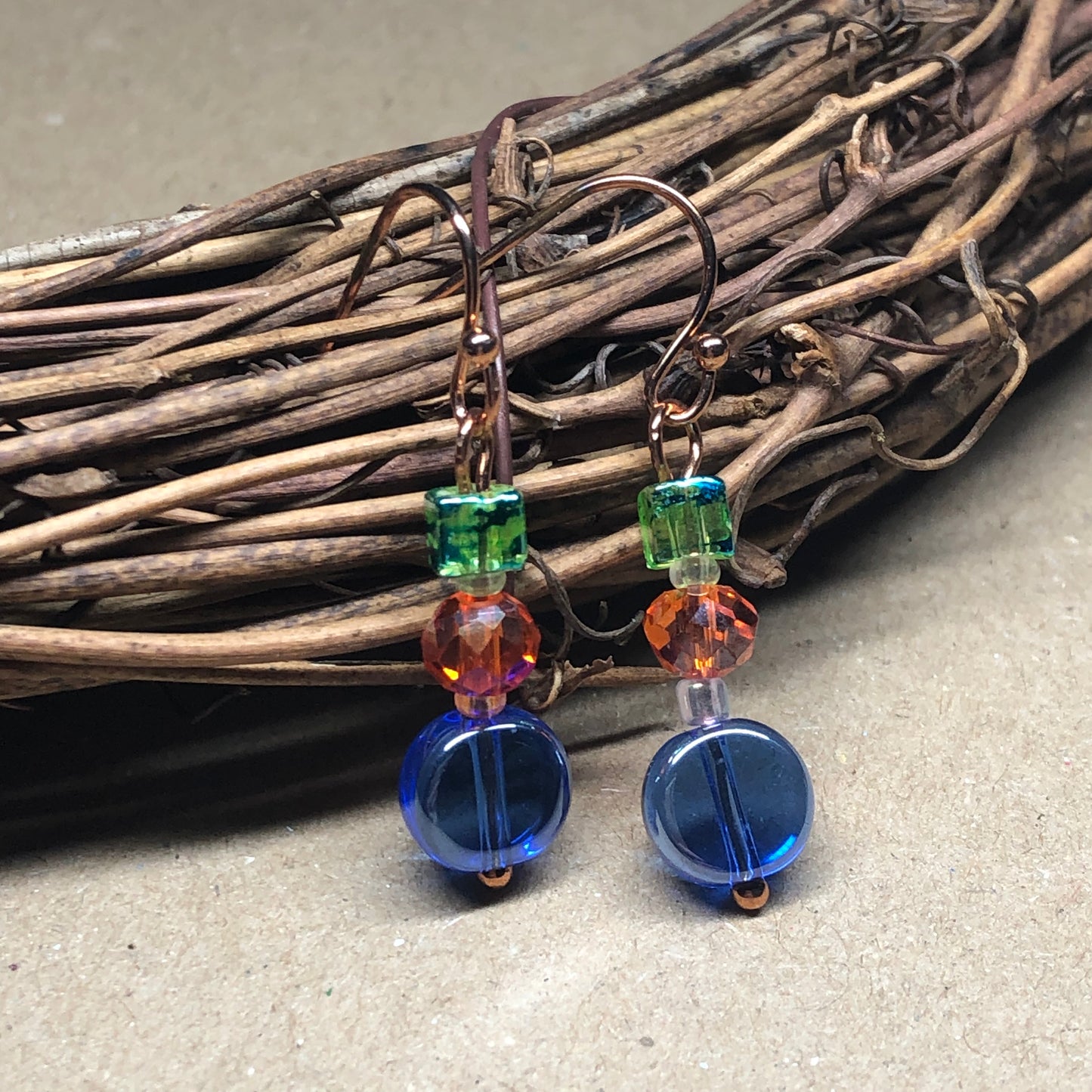 Gaia - Colourful glass dangle rose gold earrings