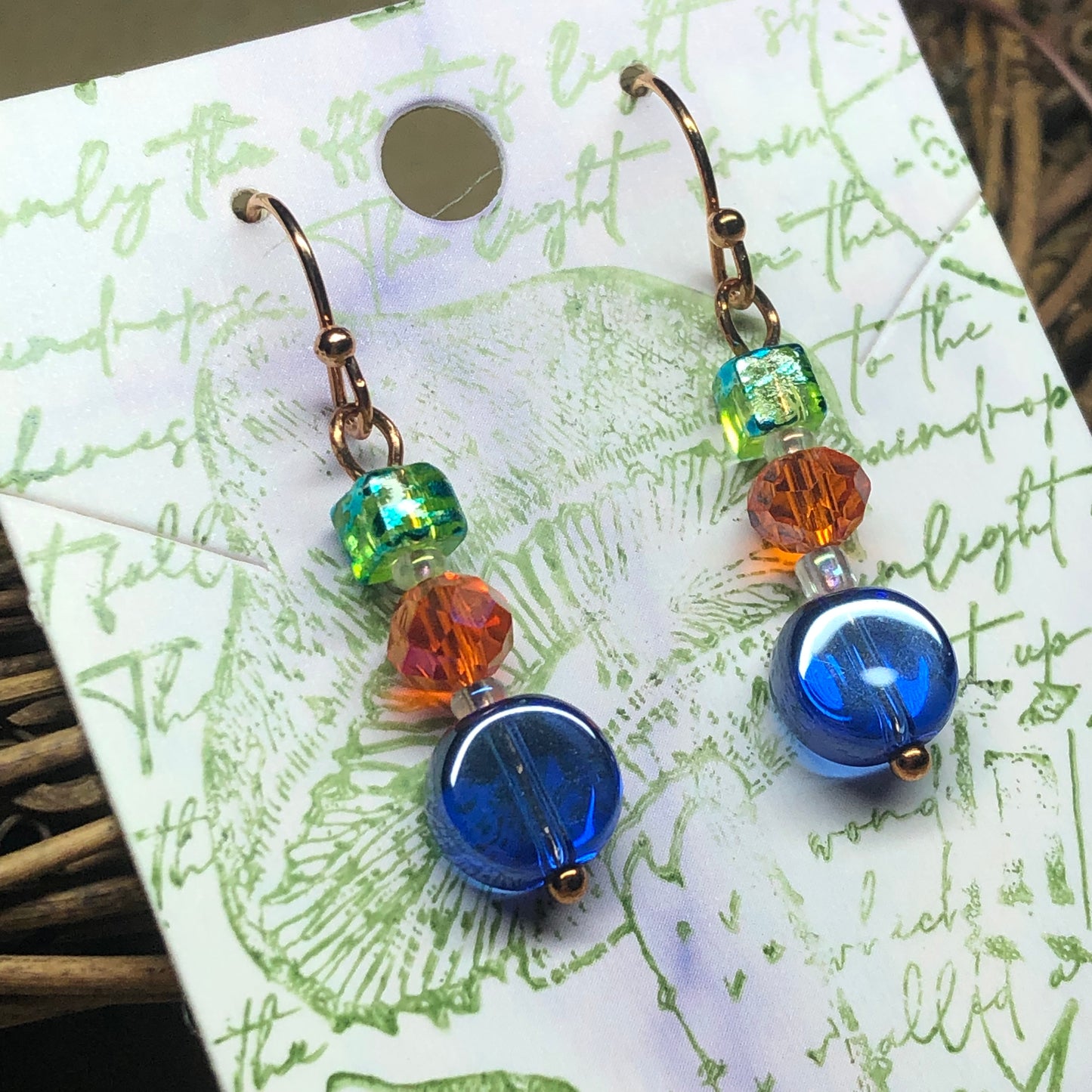 Gaia - Colourful glass dangle rose gold earrings