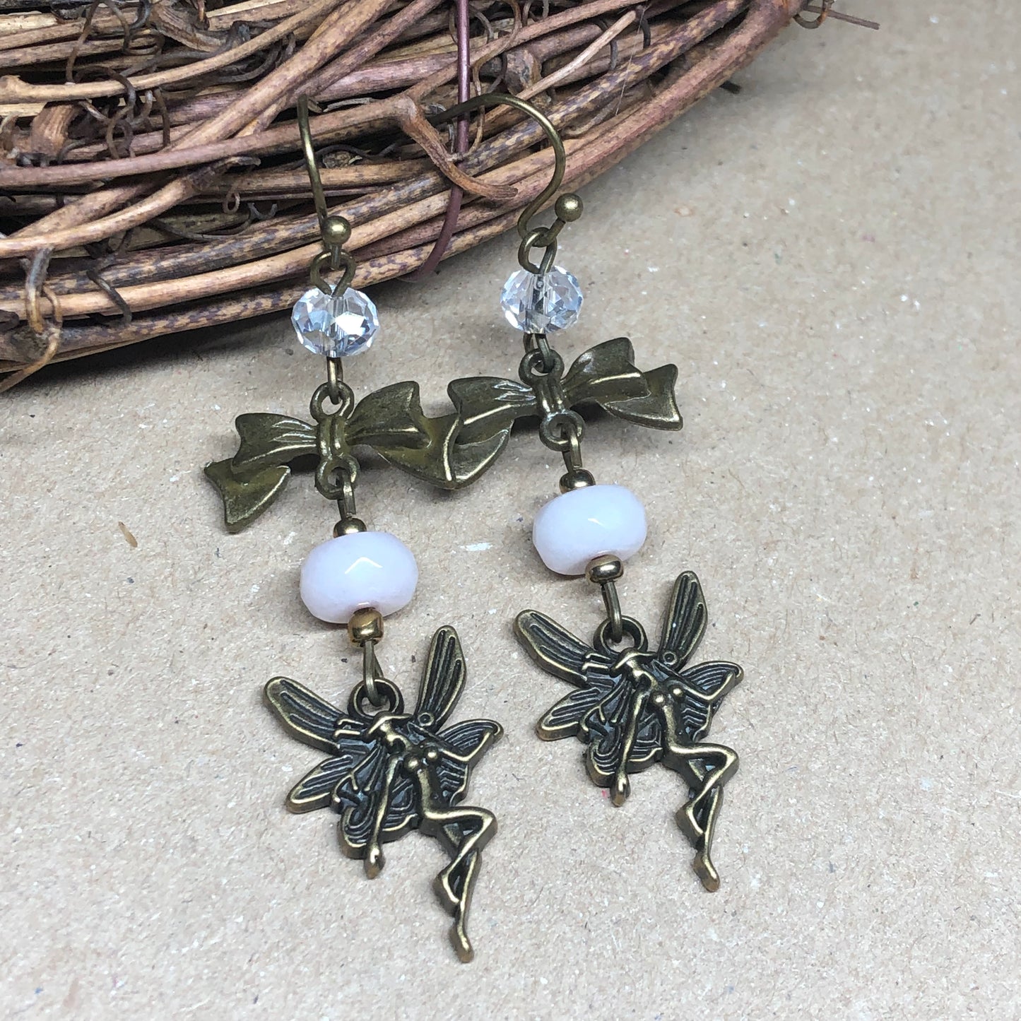 Niamh - Long Rose Quartz and crystal fairy earrings