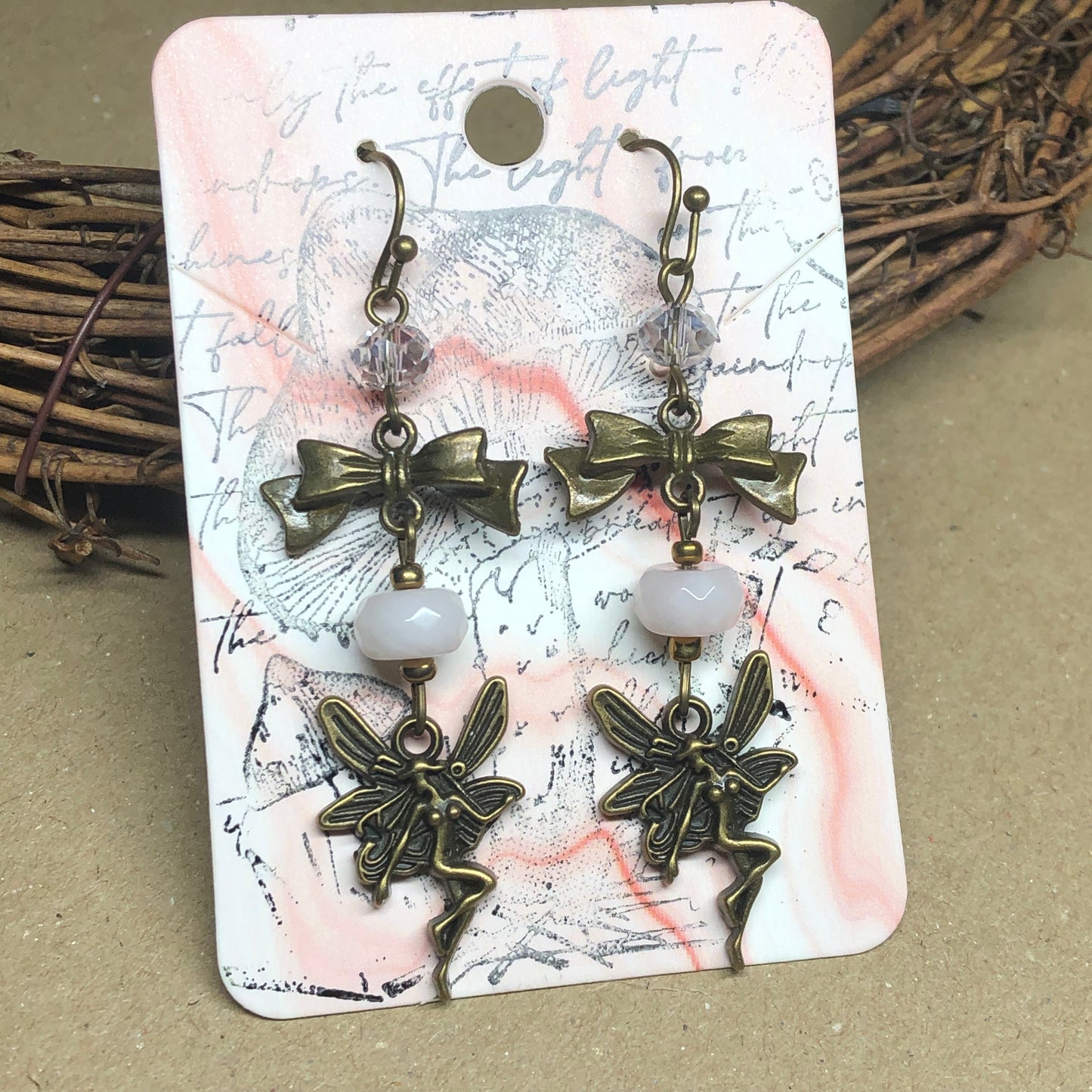 Niamh - Long Rose Quartz and crystal fairy earrings