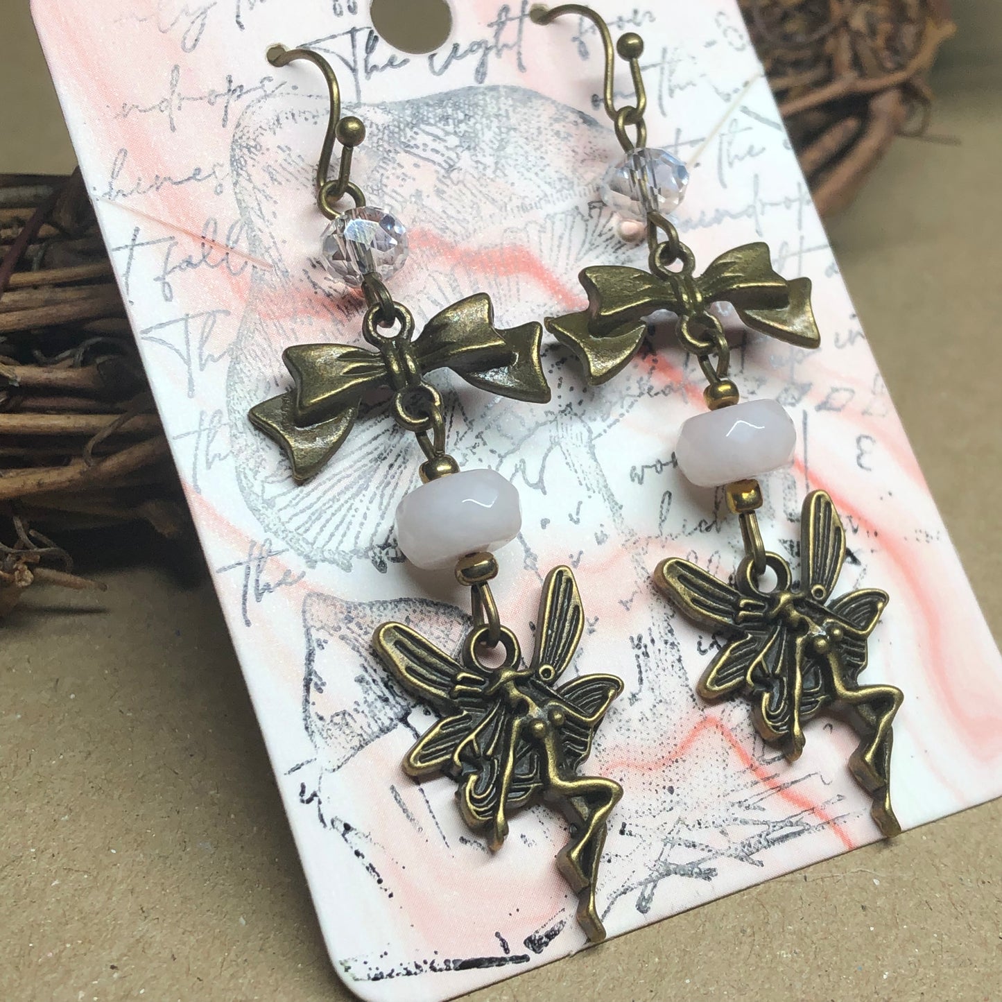 Niamh - Long Rose Quartz and crystal fairy earrings