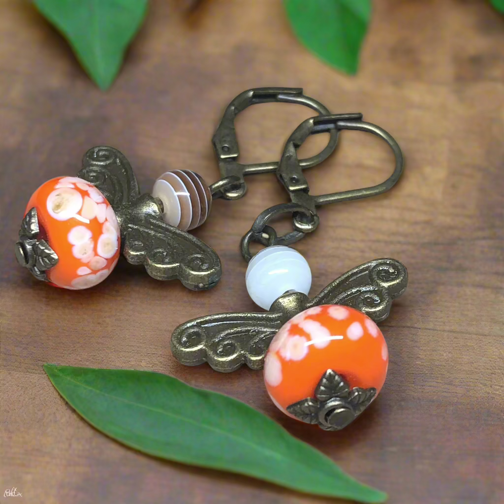Ariadne - Orange glass bug bronze earrings