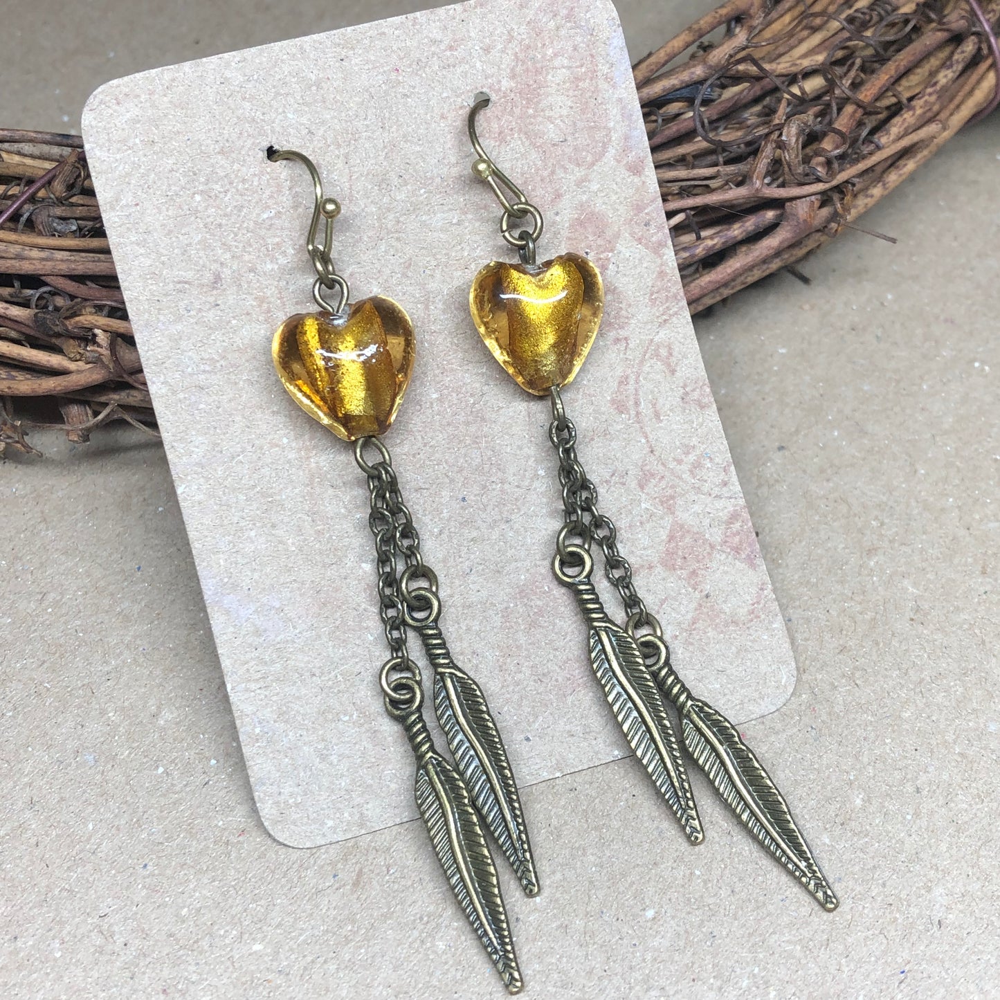 Natalia - Golden honey Murano heart feather earrings