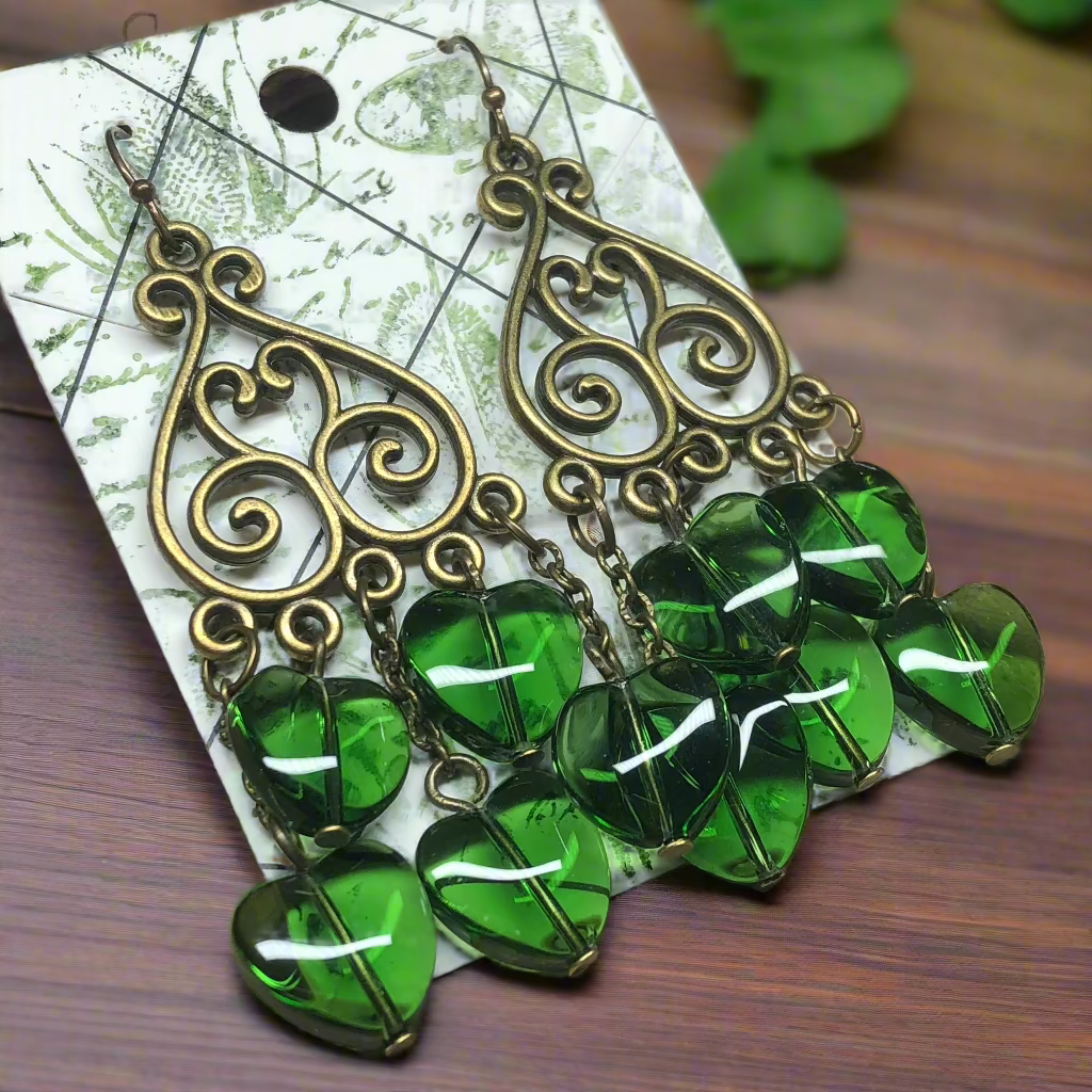 Glasgow - Green glass heart chandelier earrings