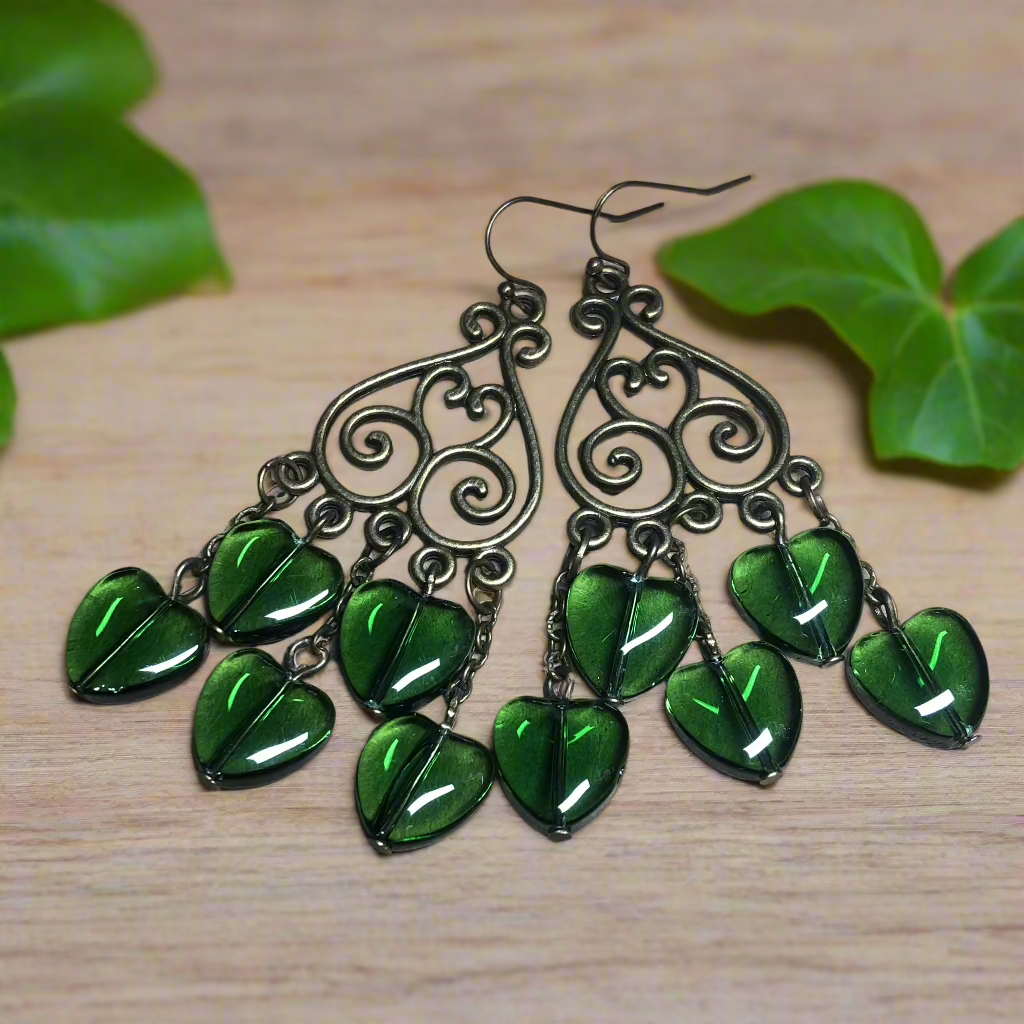 Glasgow - Green glass heart chandelier earrings