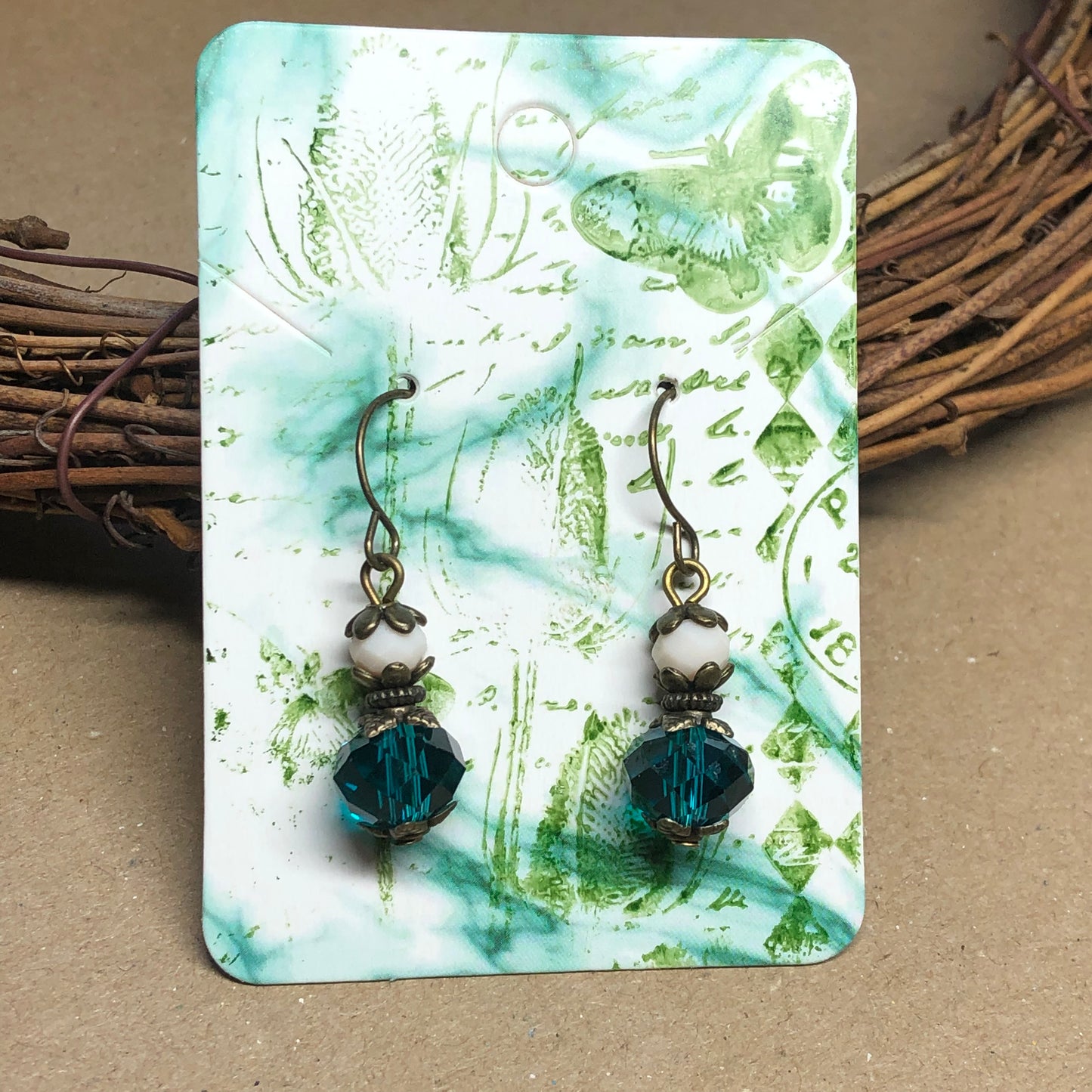Isabelle - Cream and teal faceted crystal earrings