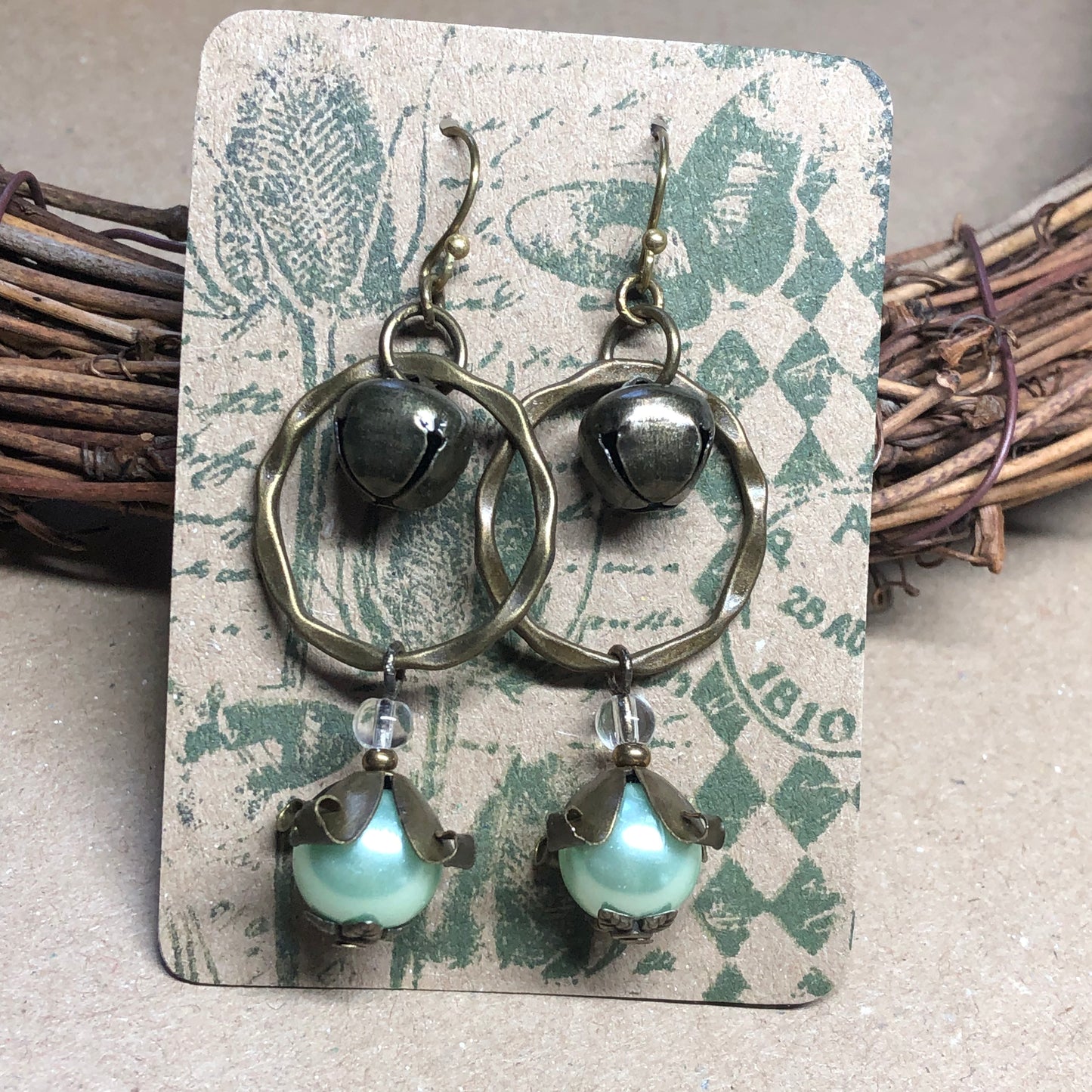 Paris - Green glass pearl bell hoop earrings