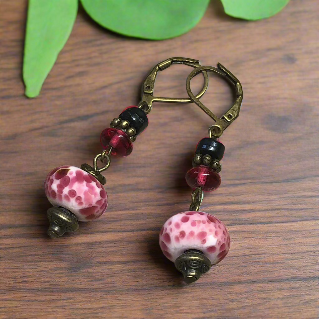 Helena - Speckled strawberry pink lampwork bead earrings
