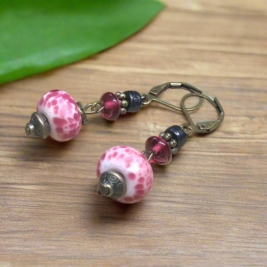 Helena - Speckled strawberry pink lampwork bead earrings