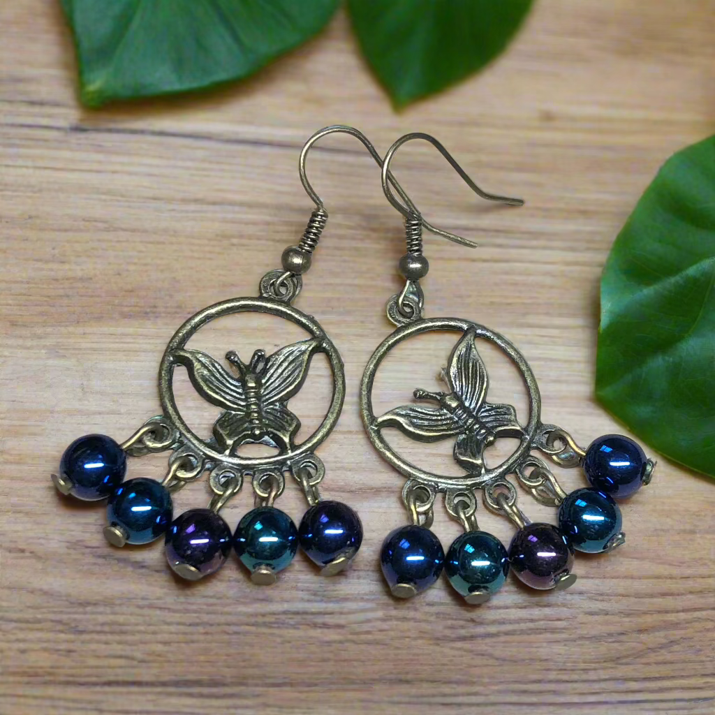 Lyra - Butterfly and glass bead hoop charm earrings
