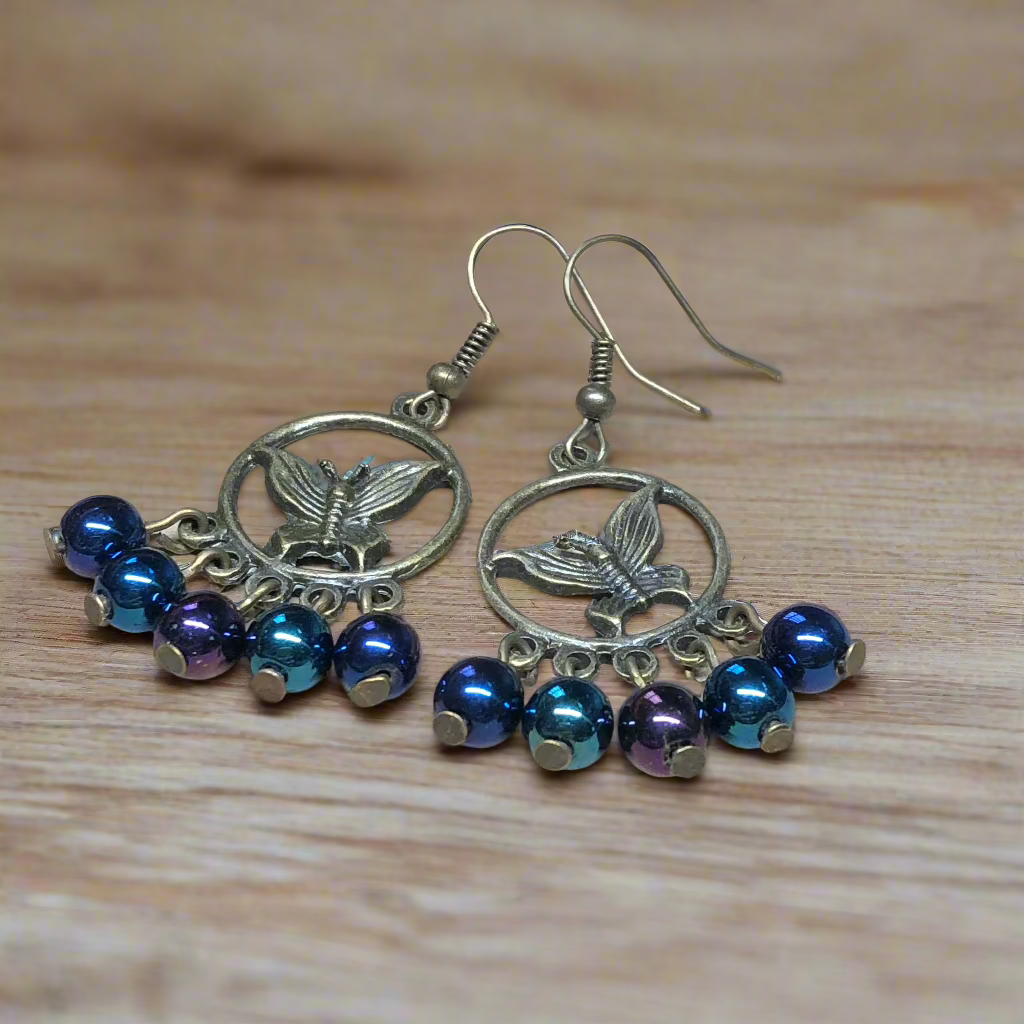 Lyra - Butterfly and glass bead hoop charm earrings