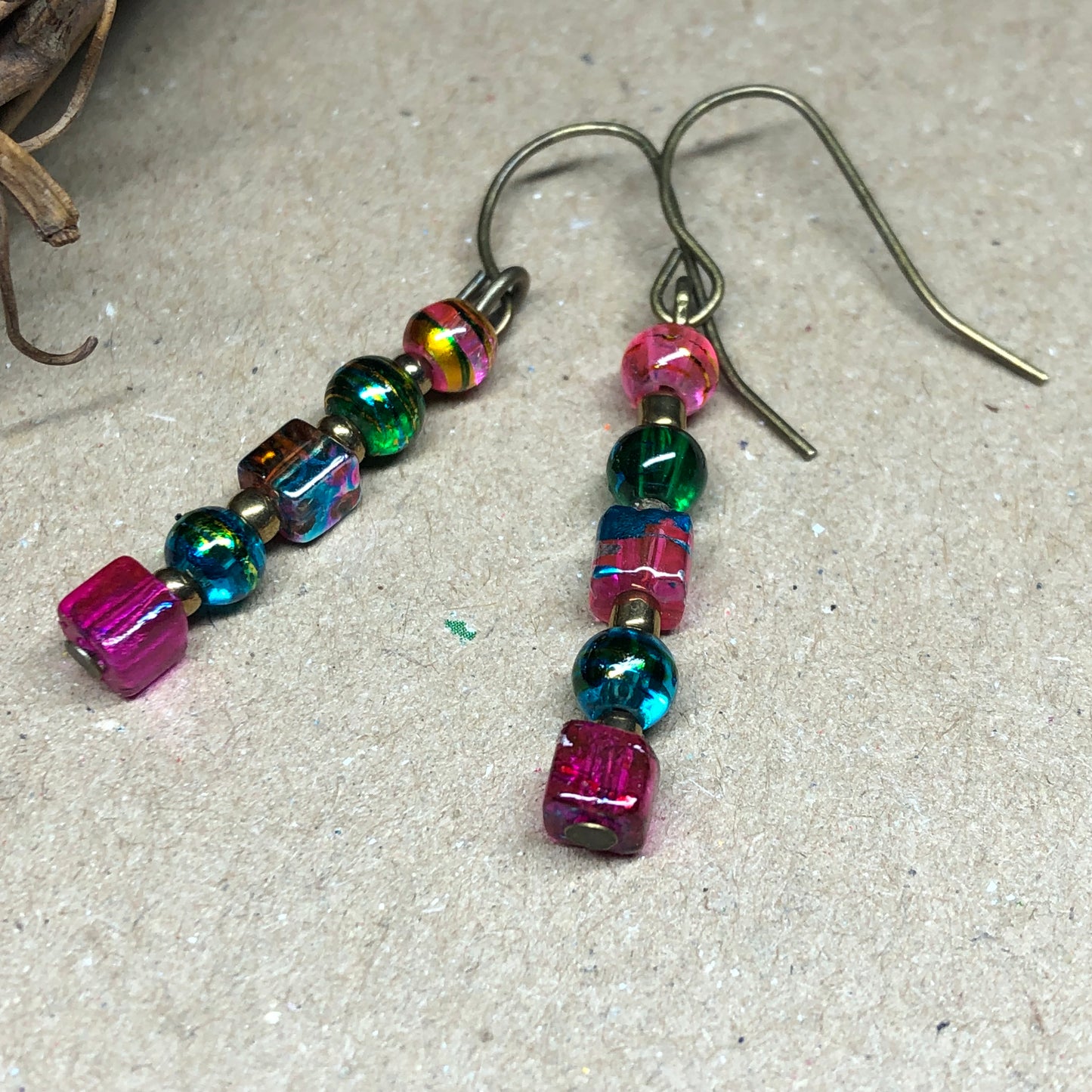 Hot pink and green glass cube earrings