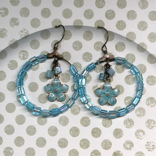 Blue hoop flower charm earrings
