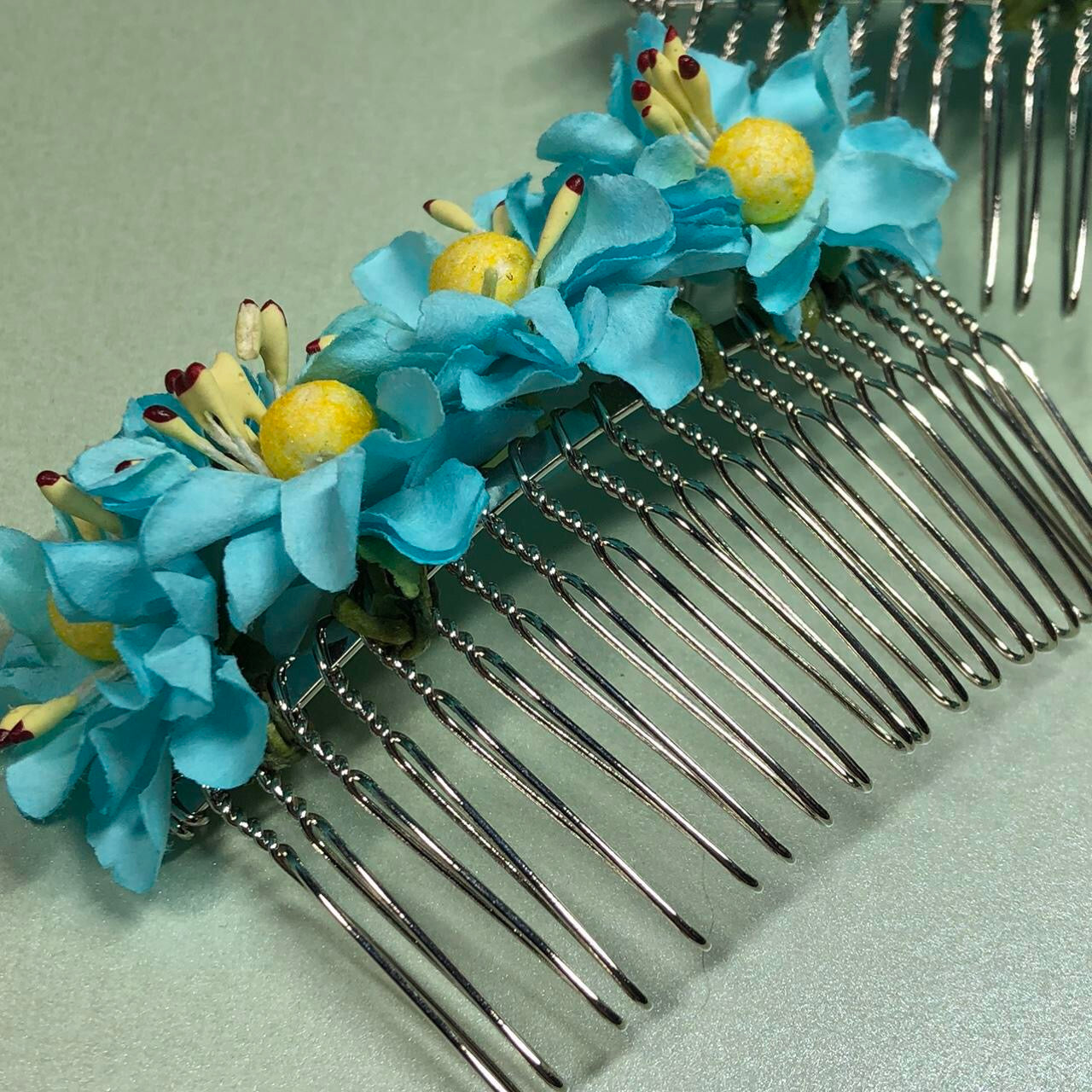 Two turquoise paper flower hair slides