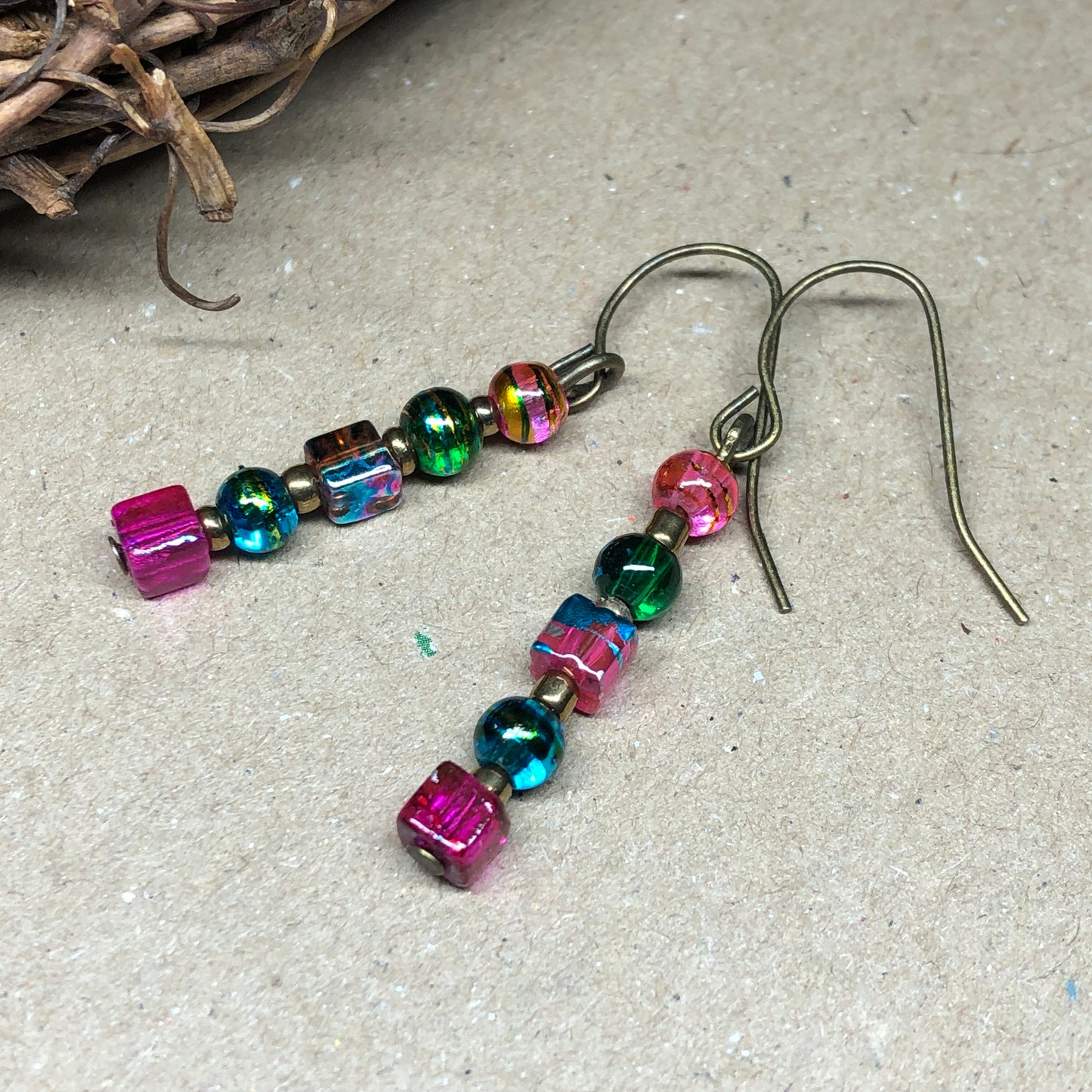 Hot pink and green glass cube earrings