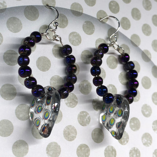 Purple vittrail leaf hoop earrings