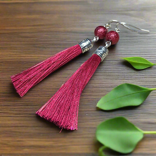 Loveday - Raspberry tassel earrings with dewy beads