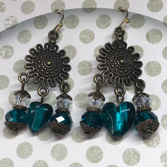 Teal Murano heart and crystal earrings