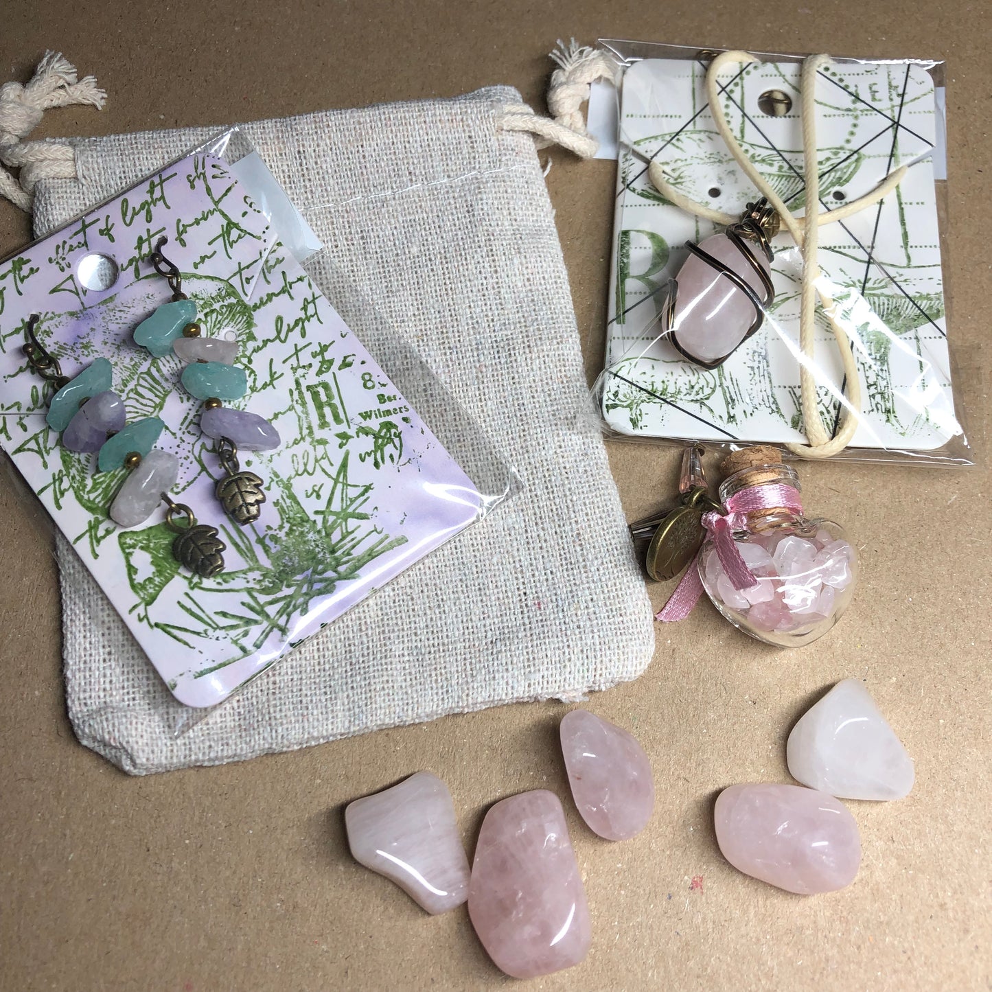 Rose Quartz handmade necklace and earrings gift set