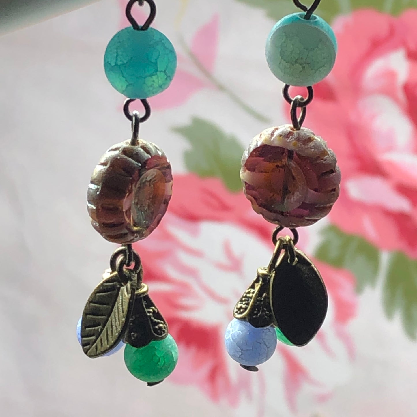 Pastel agate bronze leaf earrings