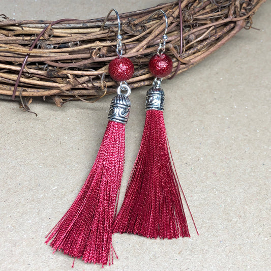 Raspberry tassel earrings with dewy beads