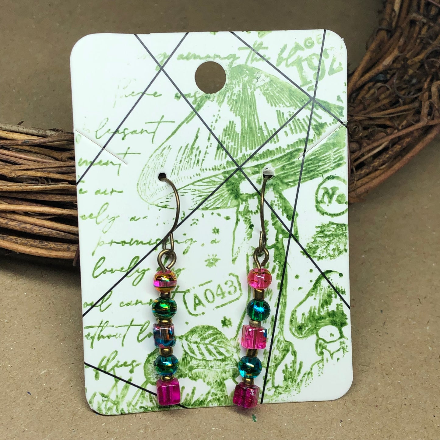 Hot pink and green glass cube earrings